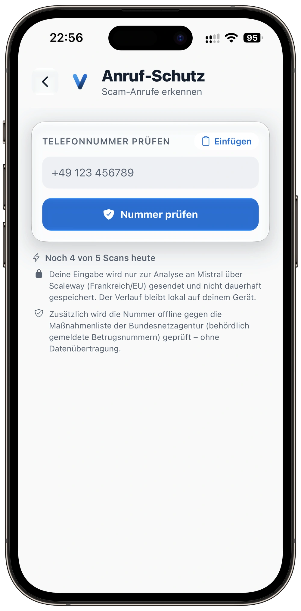 Der Anruf-Check in VaultAI mit Feld für die Telefonnummer