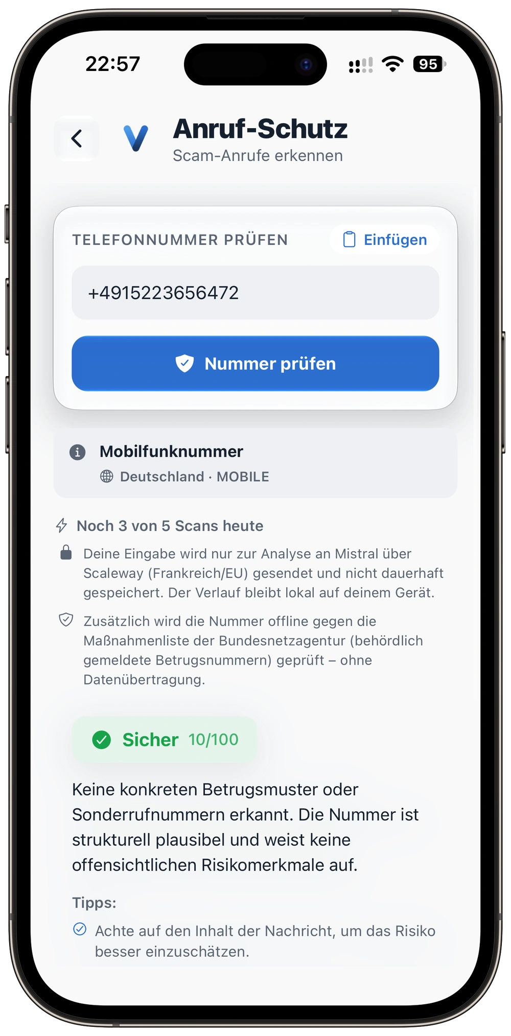 Das Ergebnis des Anruf-Checks mit Status und Begründung