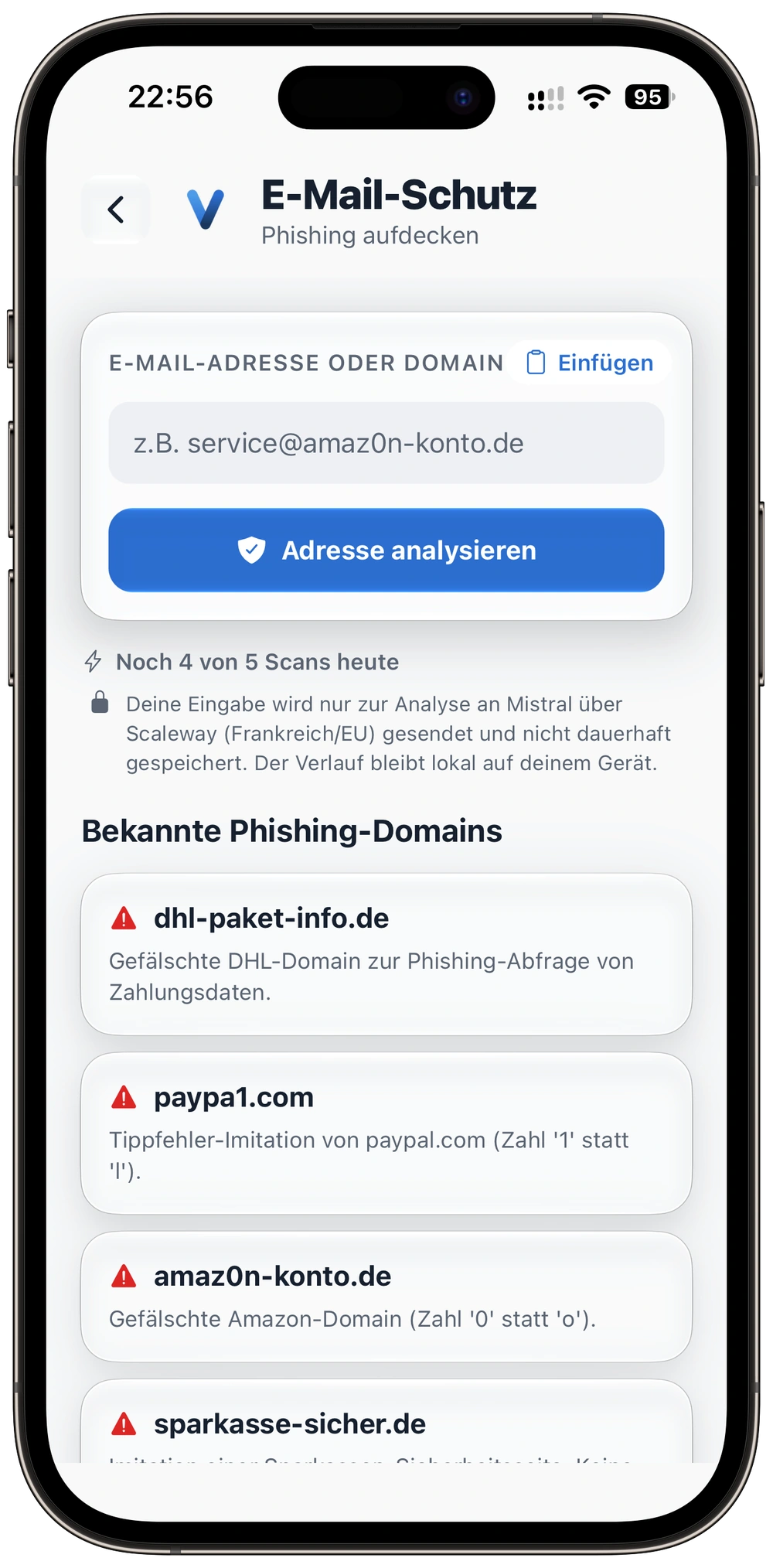 Der E-Mail-Check in VaultAI mit bekannten Phishing-Domains