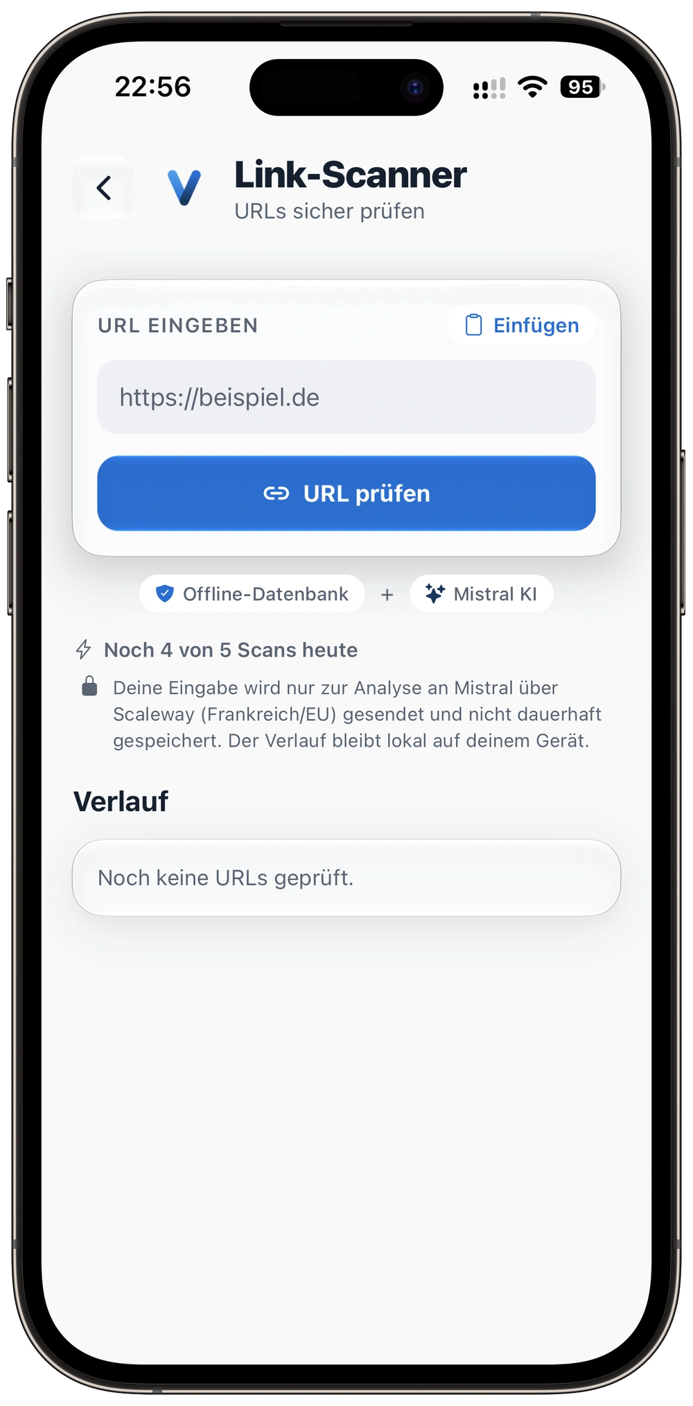 Der Link-Scanner in VaultAI mit Eingabefeld für die Adresse