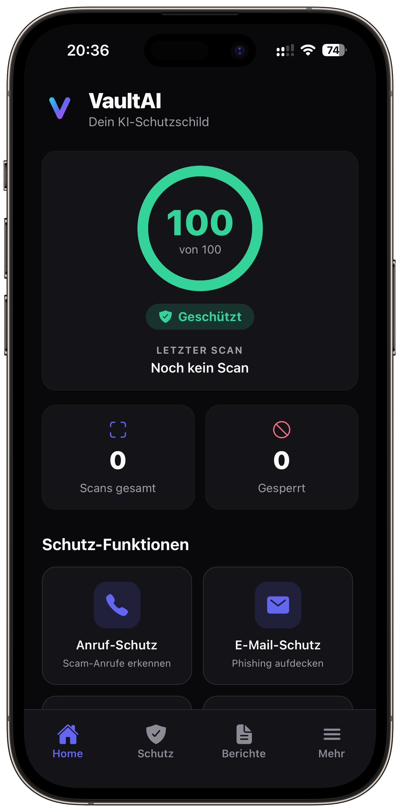 VaultAI auf dem iPhone: Startbildschirm mit Sicherheits-Score und den Schutz-Funktionen