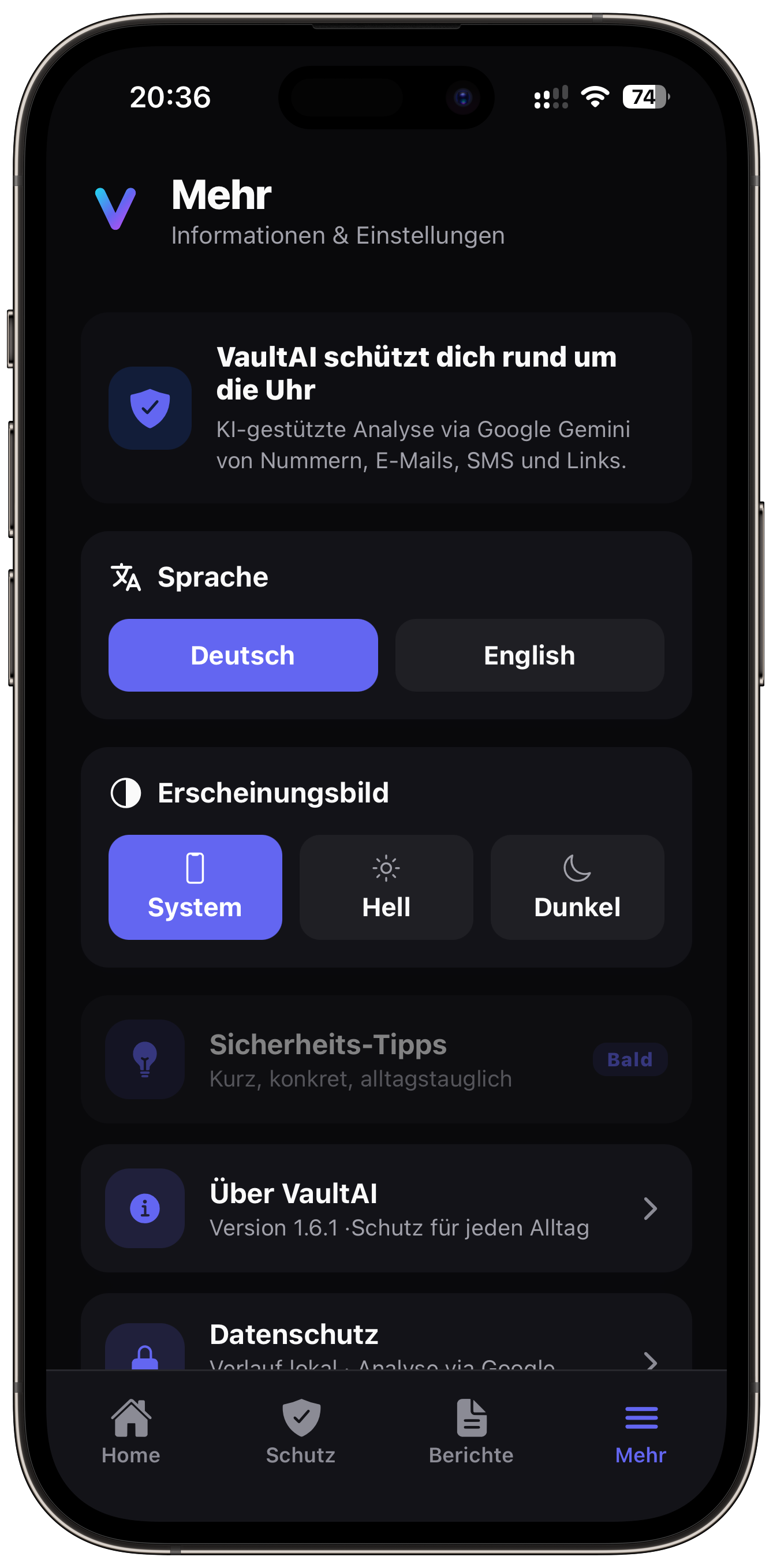 Einstellungen von VaultAI mit Sprache, Erscheinungsbild und Datenschutz