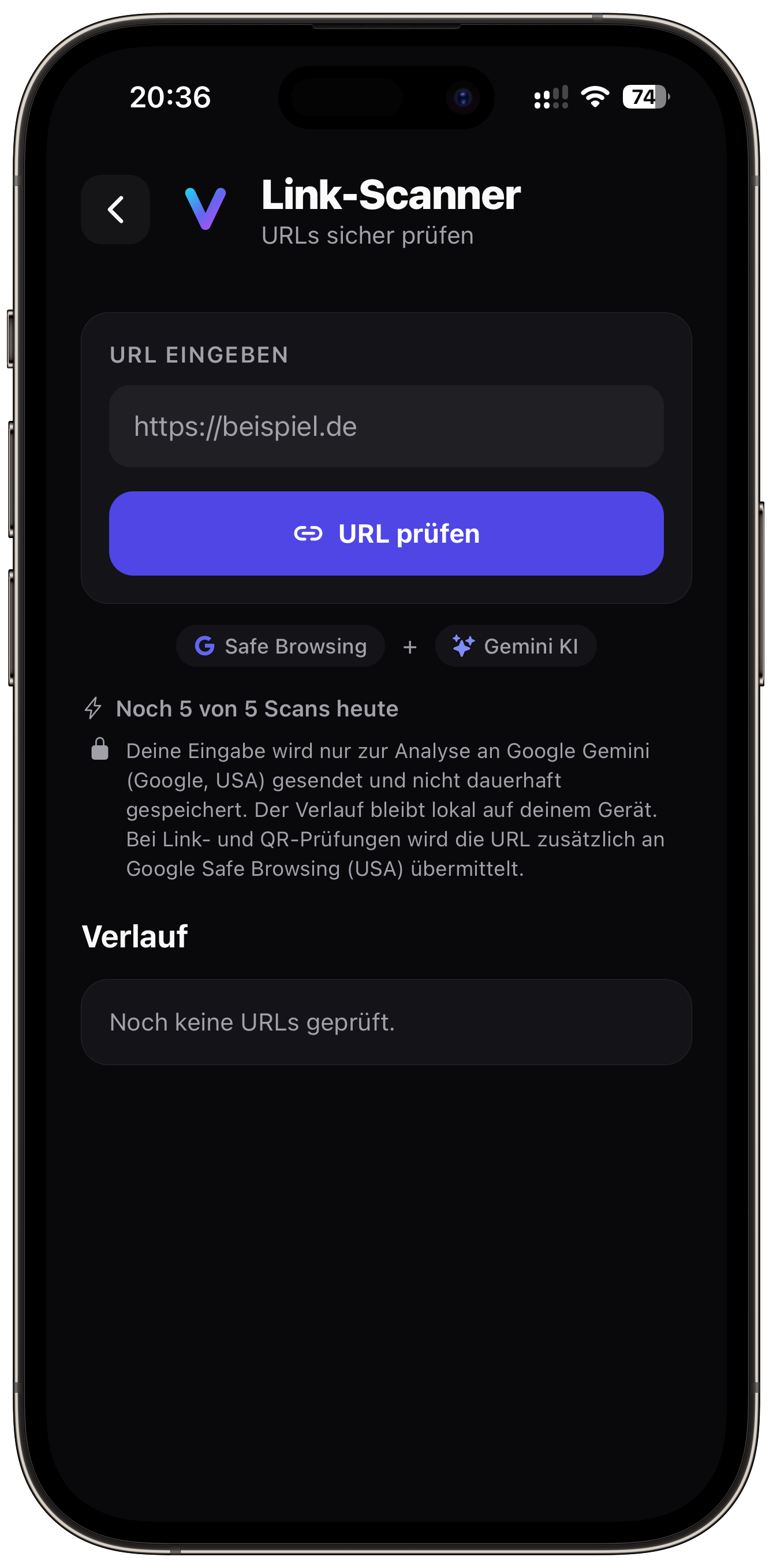 Der Link-Scanner in VaultAI mit Eingabefeld für die Adresse und Hinweis auf Google Safe Browsing